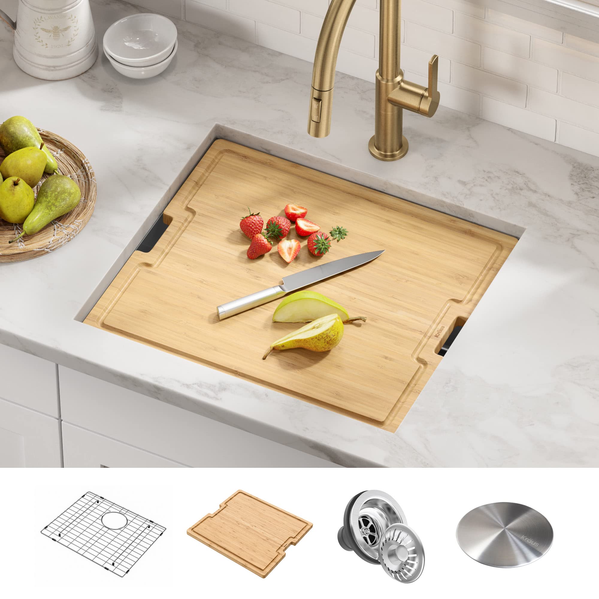 KRAUS Kore 21-Inch Undermount Workstation 16 Gauge Single Bowl Stainless Steel Kitchen Sink with Accessories, KWU111-21