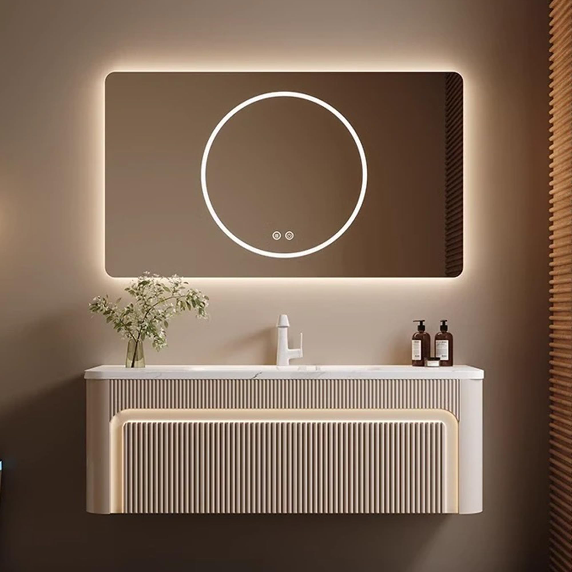 Meuble de salle de bain mural avec miroir désembuant intelligent en bois massif avec lavabo flottant inclus Rangement spacieux pour des solutions de salle de bain élégantes et fonctionnelles