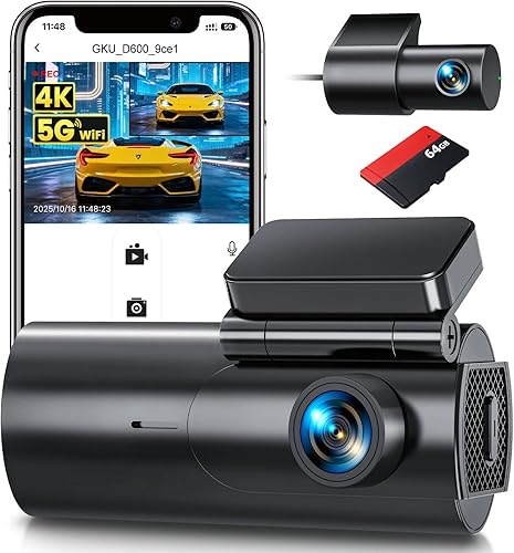 Cámara de salpicadero GKU delantera y trasera – Cámara doble para automóviles 4K+1080P con tarjeta SD de 64GB, WiFi de 5GHz y control por