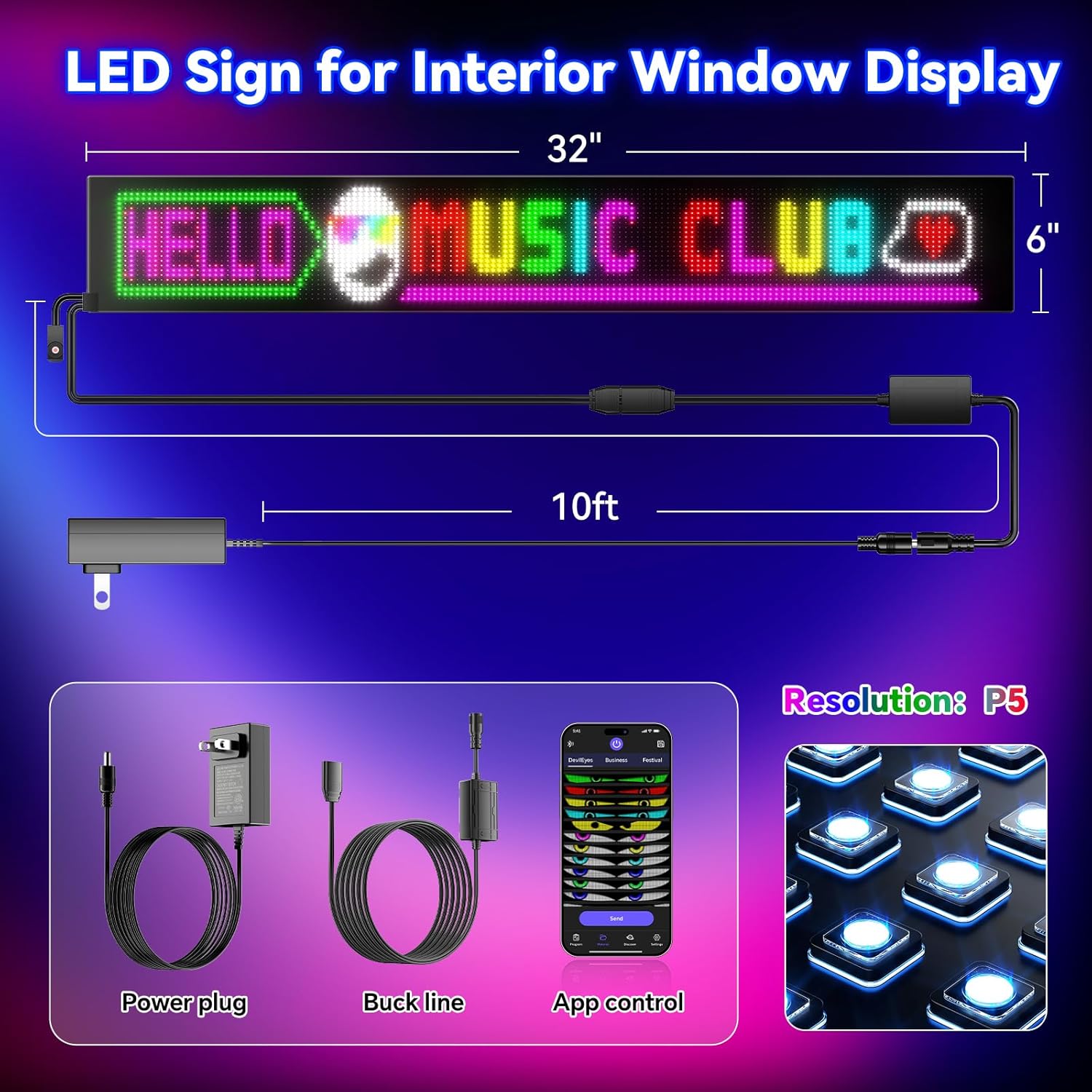 Large Programmable LED Sign, P5 Resolution Indoor Store LED Sign, Bluetooth APP, for Business Retail Shop Window Display (32"x 6") - Image 3
