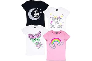 Girls Pack of 4 Short Sleeve Tees with Vivid Butterfly and Glitter Prints
