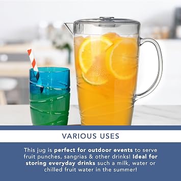 HEFTMAN Clear Plastic Jugs 2 Litre - 2 Pack Plastic Jug with Lid
