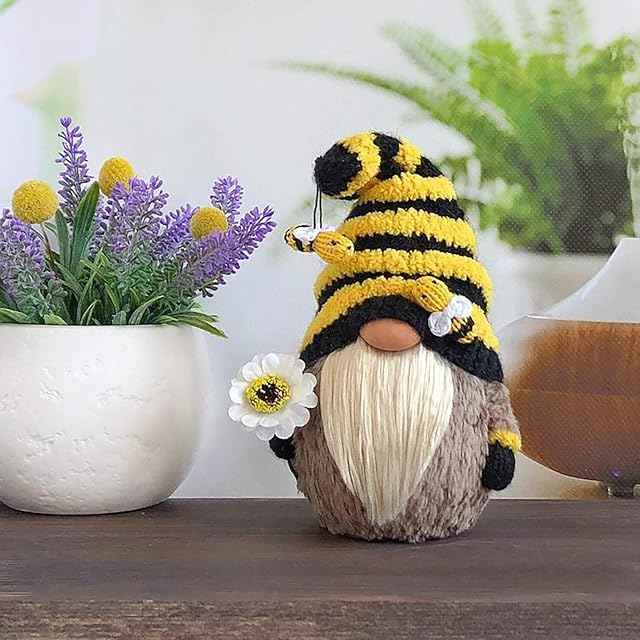 Bumble Bee Gnomes Gonks Plush Sunflower,Gonks for Garden Gnome Fairy Bee Ornaments Outdoor Whimsical Tree Sculpture Garden Decoration, Cute Handmade Honey Bee Gnome Gonks Plush Faceless Doll (A)