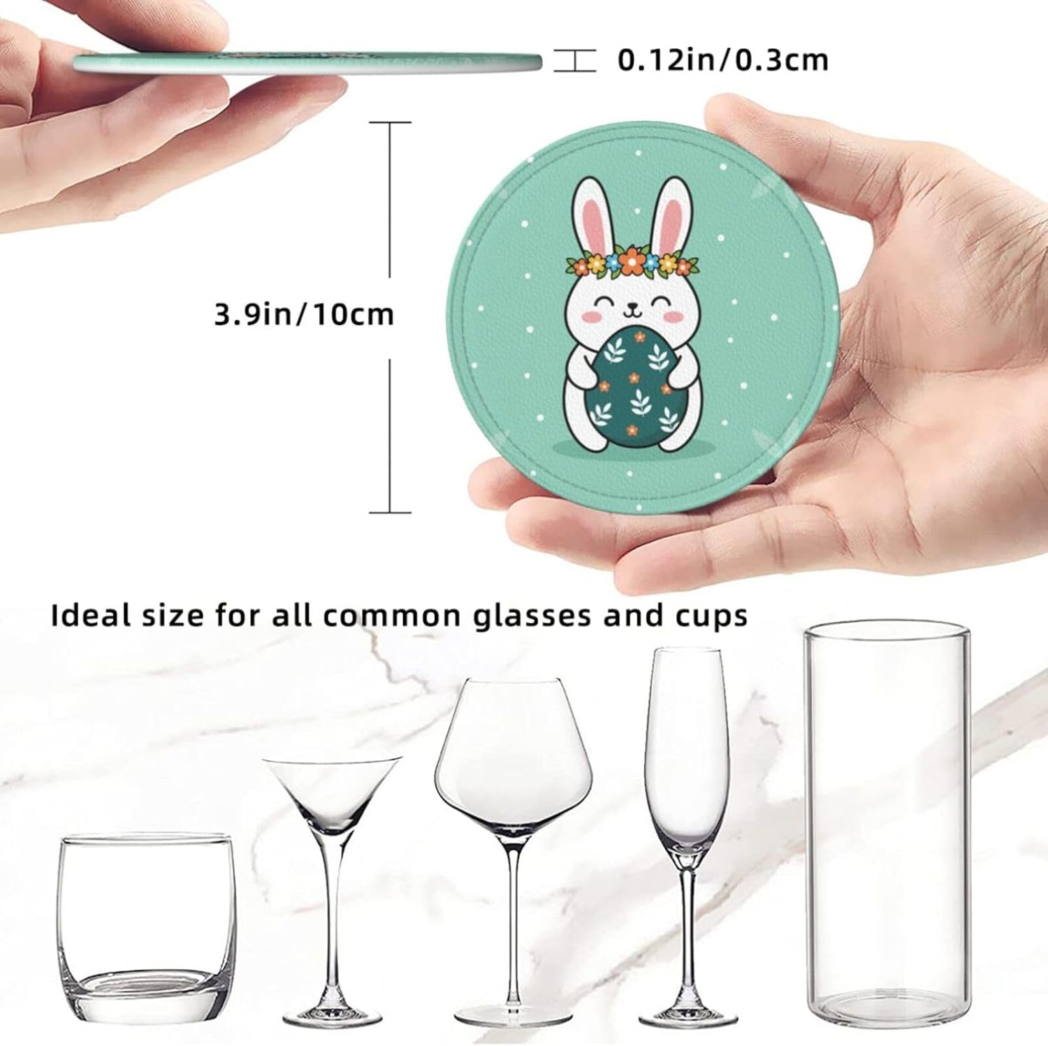 Coasters for Drinks Set of 6 Happy White Bunny Egg Plants Spring Home Decor Round Leather Drinks Coaster with Holder Heat Resistant Cup Mat Pad for Easter Party, Kitchen & Dining Table, 3.9 in