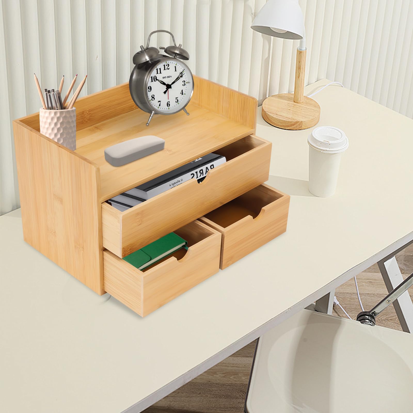 Organizer da scrivania in bambù, 30 x 19 x 20 cm, con 3 cassetti, bordi rotondi e piedini antiscivolo, organizer multifunzionale per la casa, l'ufficio, la camera da letto e la decorazione