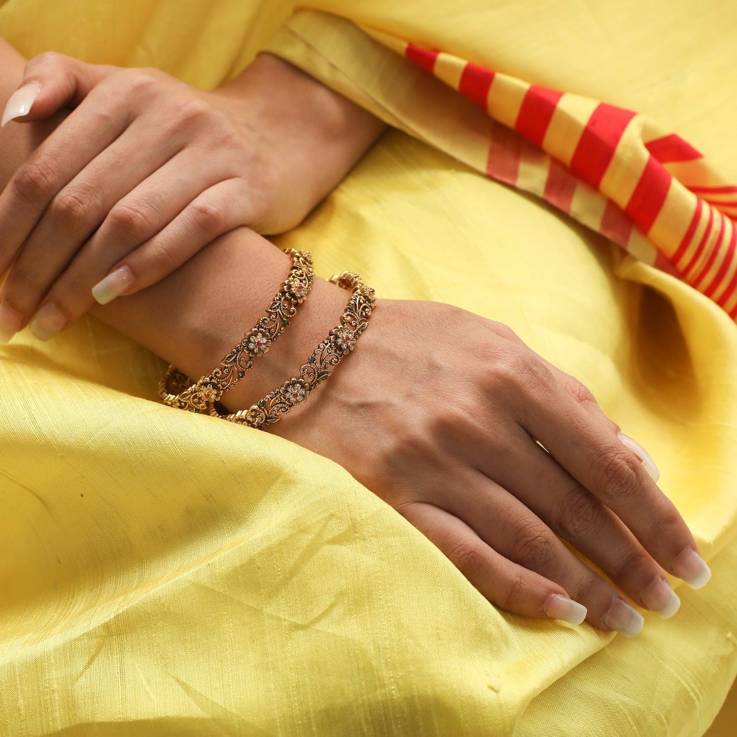 TARINIKA Gold Plated Kangna Antique Bangles(2.6 inches) - Indian Bangles for Women Perfect for Ethnic Occasions Traditional Indian Jewelry CZ Stones 1 Year Warranty* (White Red)