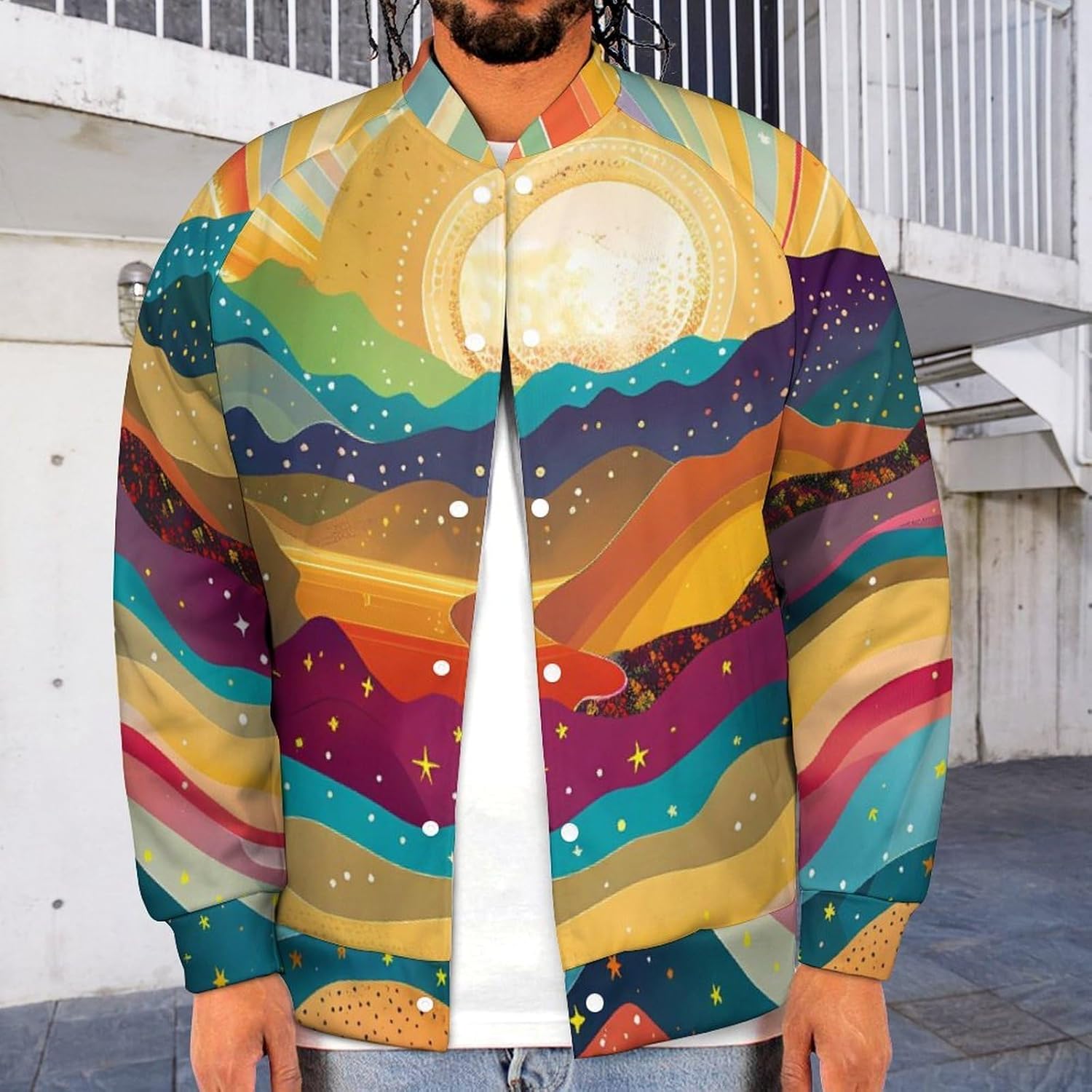 Psychedelic Landscape with Mountains Sun Novelty Men's Baseball Jackets Causal Sweatshirt Button Top Long Sleeve Coat