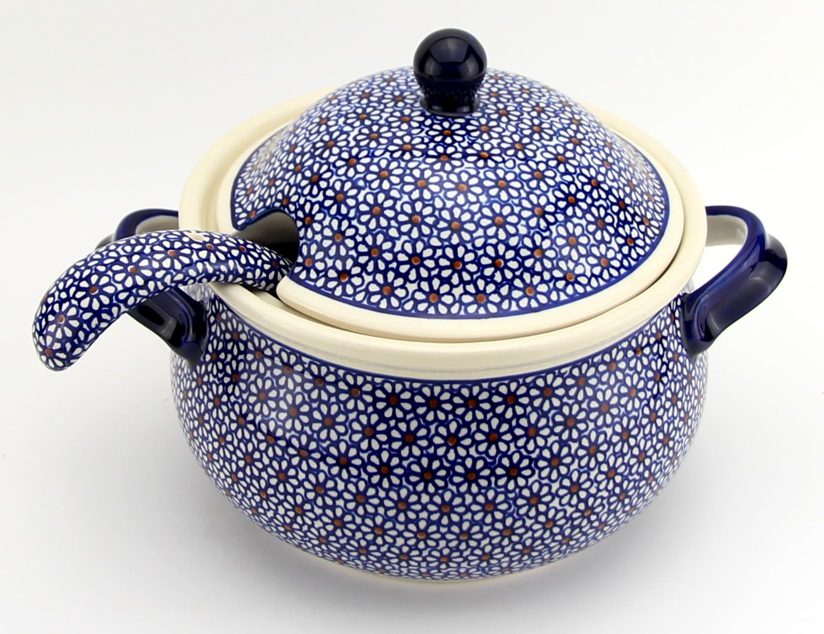 Polish Pottery Market 3.17-Quart Soup Tureen with Ladle by Zaklady Boleslawiec – Handcrafted Polish Stoneware Covered Soup Tureen with Ladle for Serving Soup and Stews