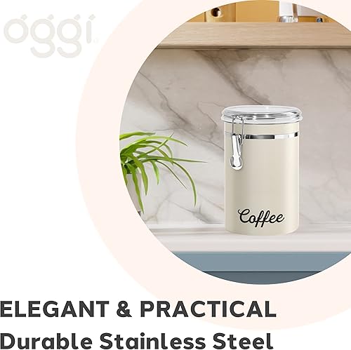 Miniatura 6 de Oggi Recipiente de café de acero inoxidable de 62 onzas líquidas, tapa hermética, gris cálido, parte superior transparente tintada, ideal para