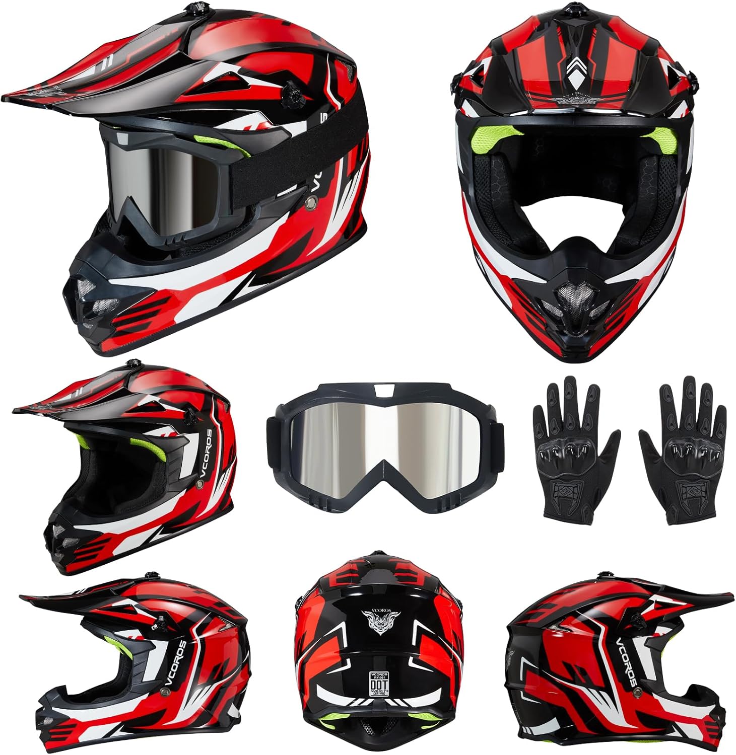 VCOROS Kids Dirt Bike Helmet Youth Motorcycle Helmet, RY001 Kids Motorcycle Full Face Helmet for ATV BMX UTV Off-Road Dirtbike Helmet with Goggles Gloves DOT Approved