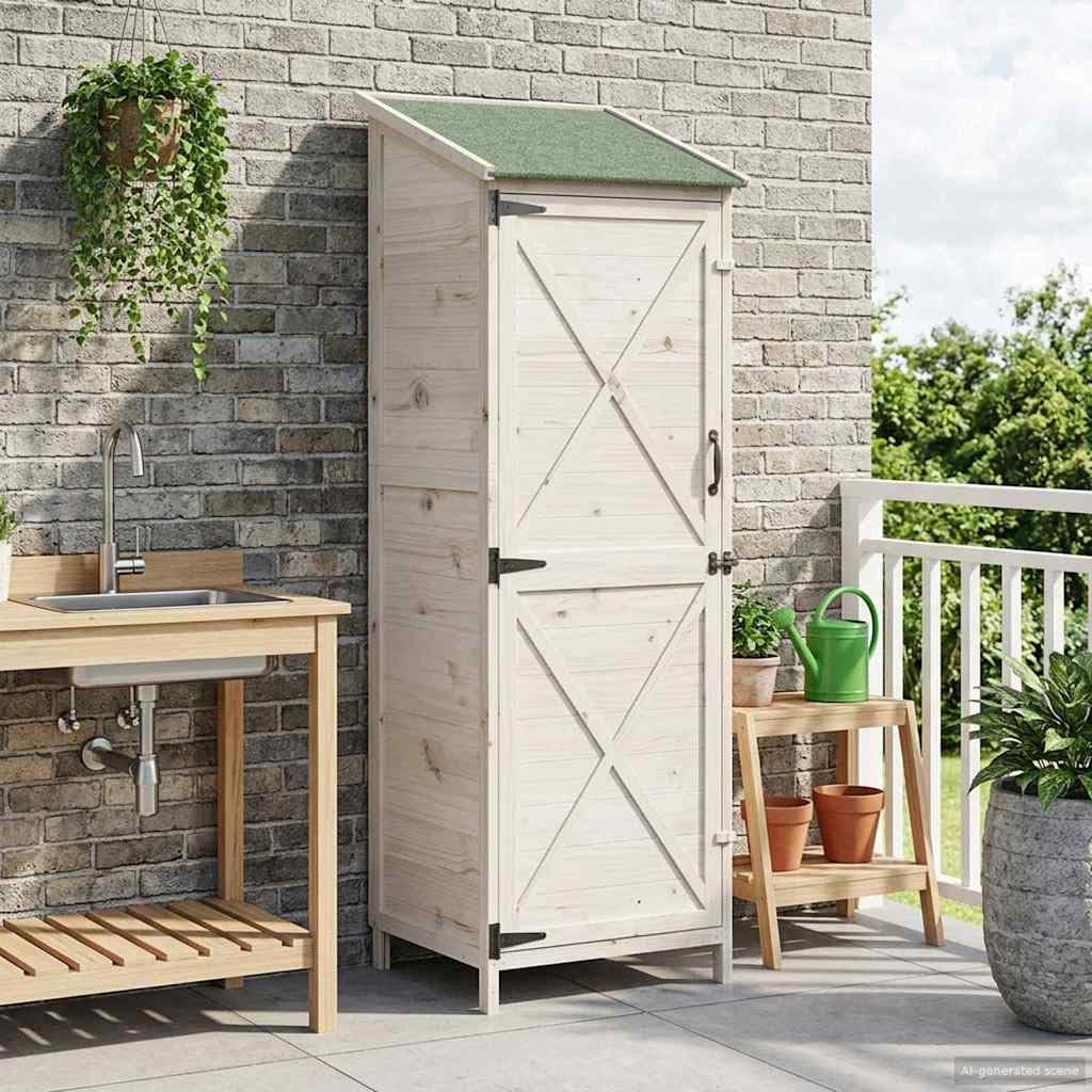 Caseta de jardín de madera, color blanco, 59,5 x 56 x 176,5 cm, con puerta de ventilación y techo inclinado de asfalto para herramientas de jardín y accesorios