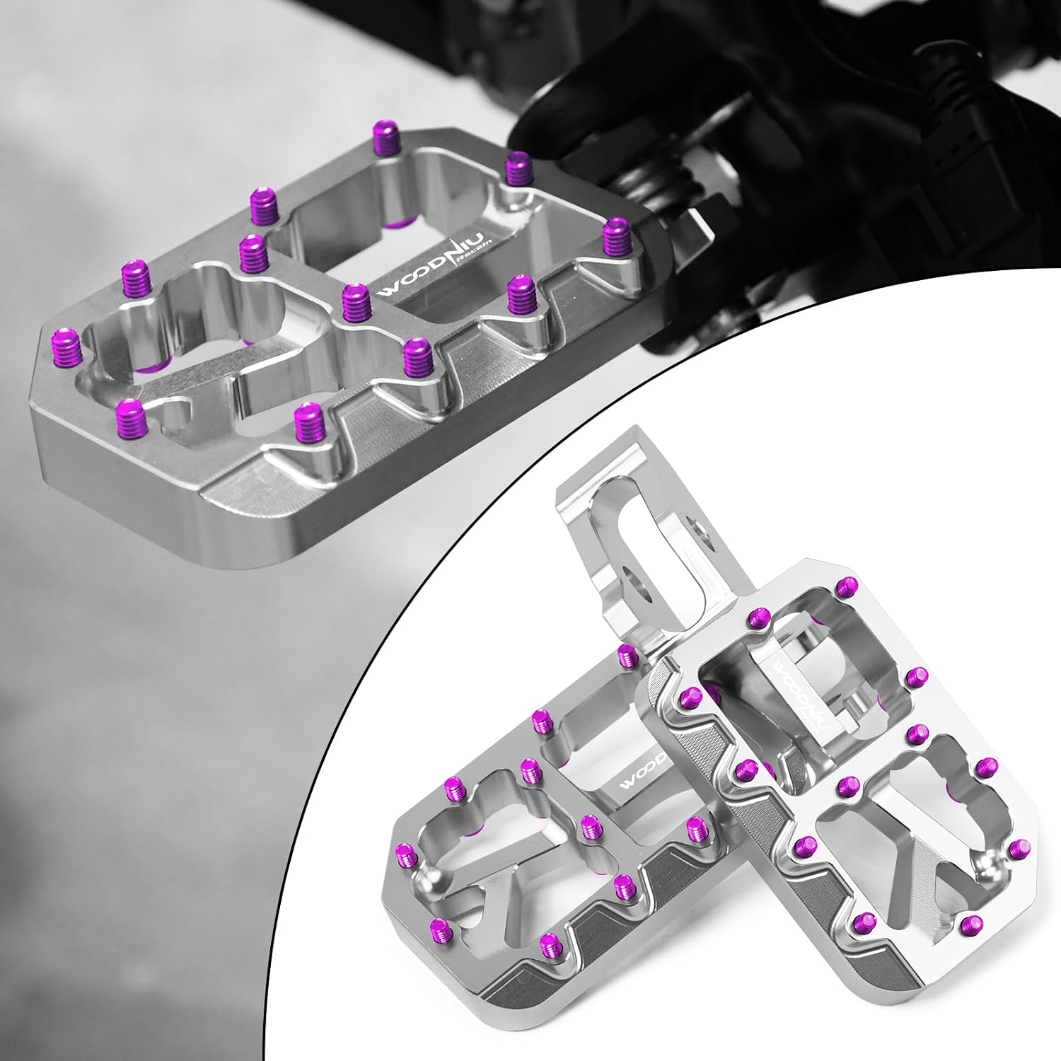 Dirt Bike Foot Pegs for Surron Ultra Bee,Aluminum Alloy Color Nail Suron Pedals for Ultrabee Motorcycle,Wider Non-slip Ebike Rest Footpegs,Silver Body with Purple Spikes