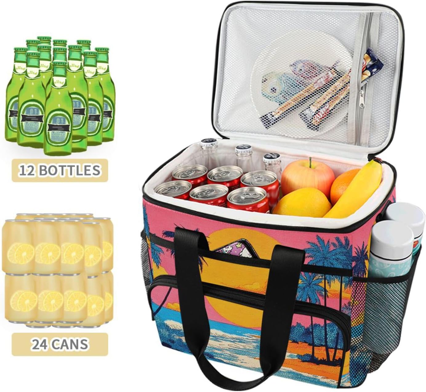 Cooler Bags Beach Sunset Print, Insulated Shoulder Lunch Box 24 Cans Capacity Leakproof with Handle for Picnic Camping