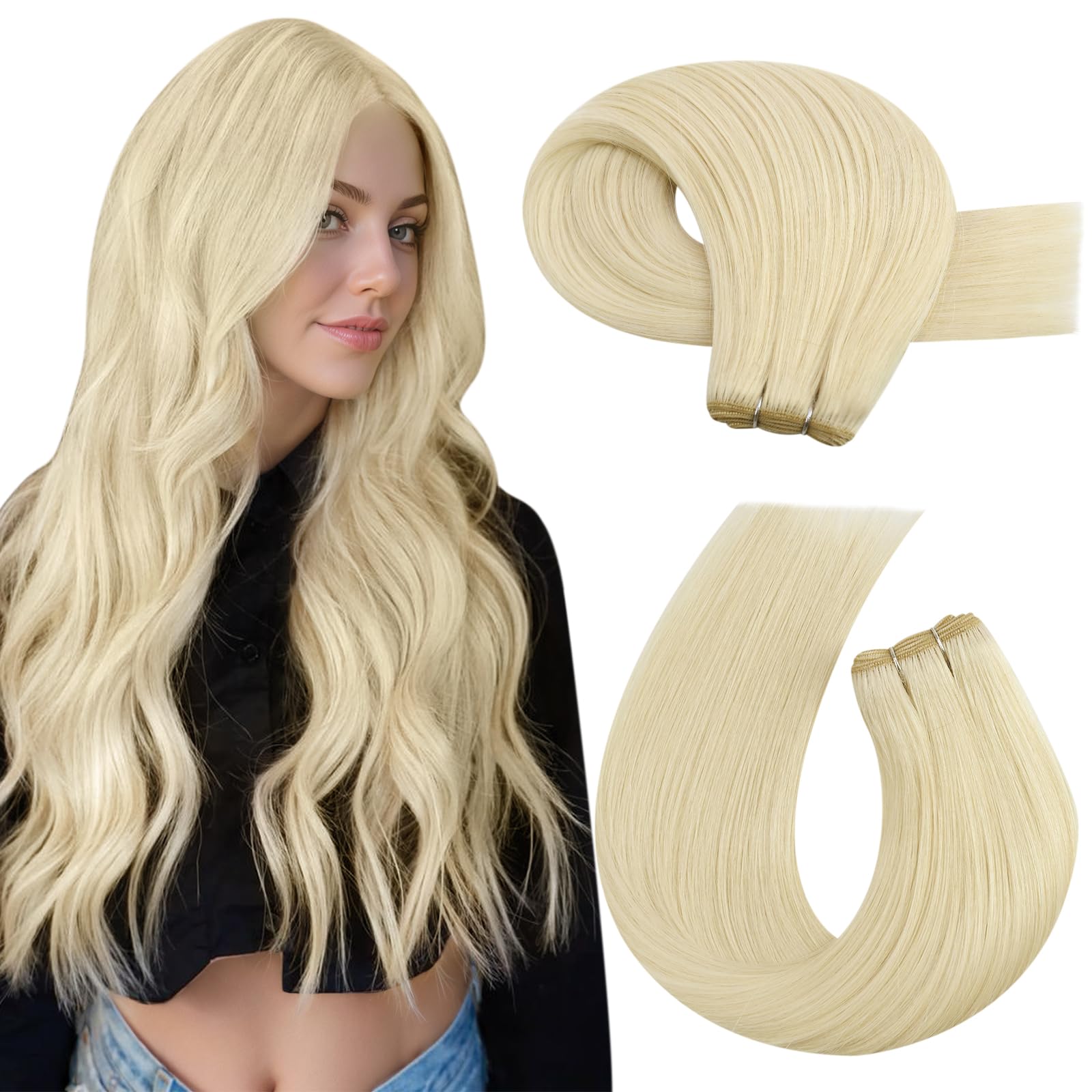 Moresoo Weft Hair Extensions Real Human Hair Blonde Sew in Double Weft Hair Extensions Platinum Blonde Remy Straight Hair for Women Full Head One Piece 14 Inch 100g/pack #60 Every Day Wear