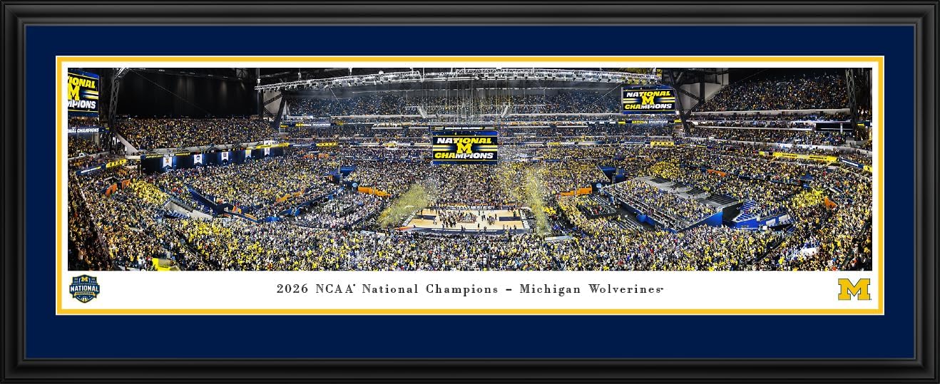 Michigan Wolverines, 2026 Basketball National Champions - Double Mat, Deluxe Framed Print by Blakeway Panoramas