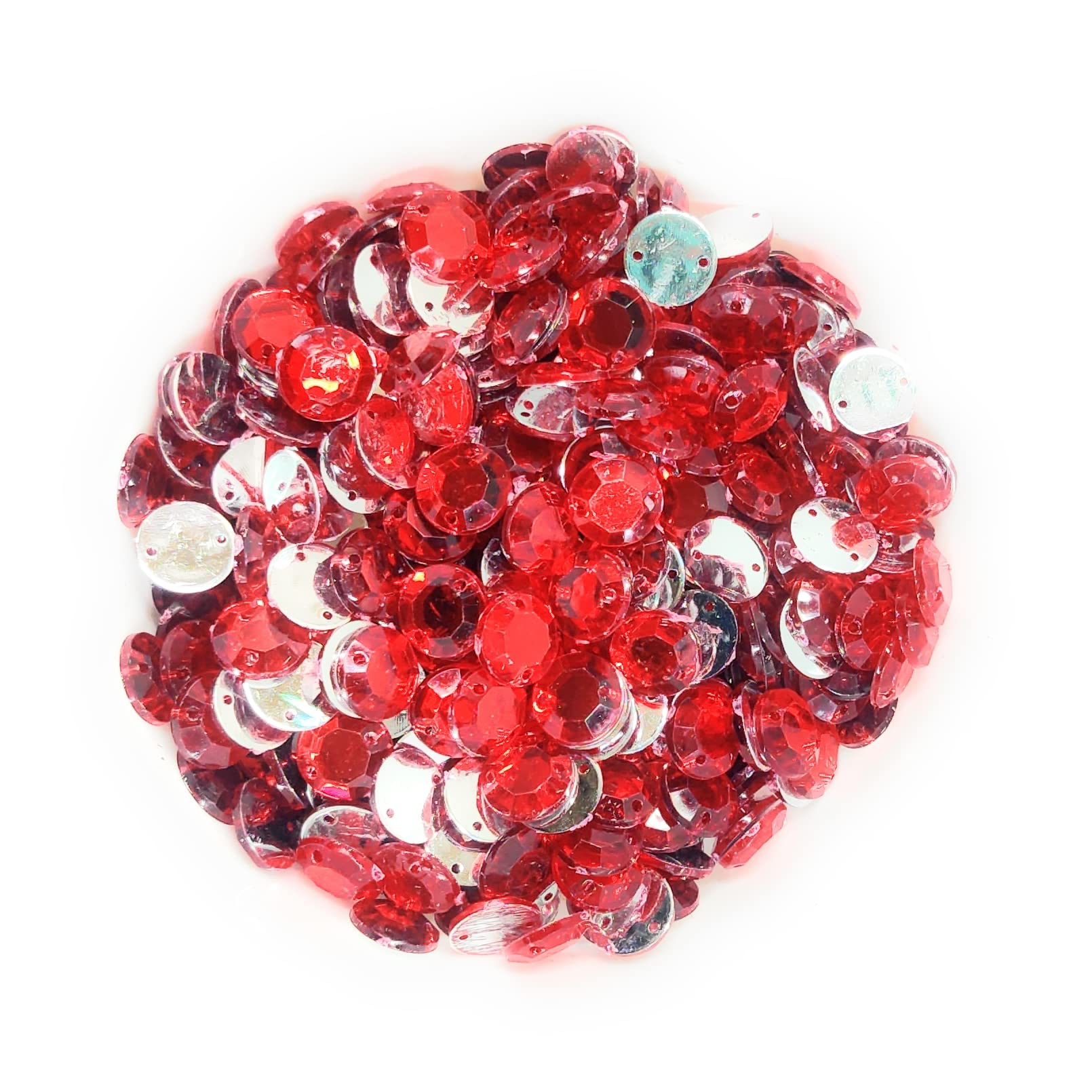 LECRAFT 12 Cut Round Flatback Two Holes Sew-On Rhinestone Crystals Acrylic Beads,Kundan Stone with Hole for Sewing Modal Jewellery Making Embroidery and Craft Work (10 MM / 500PC / RED)