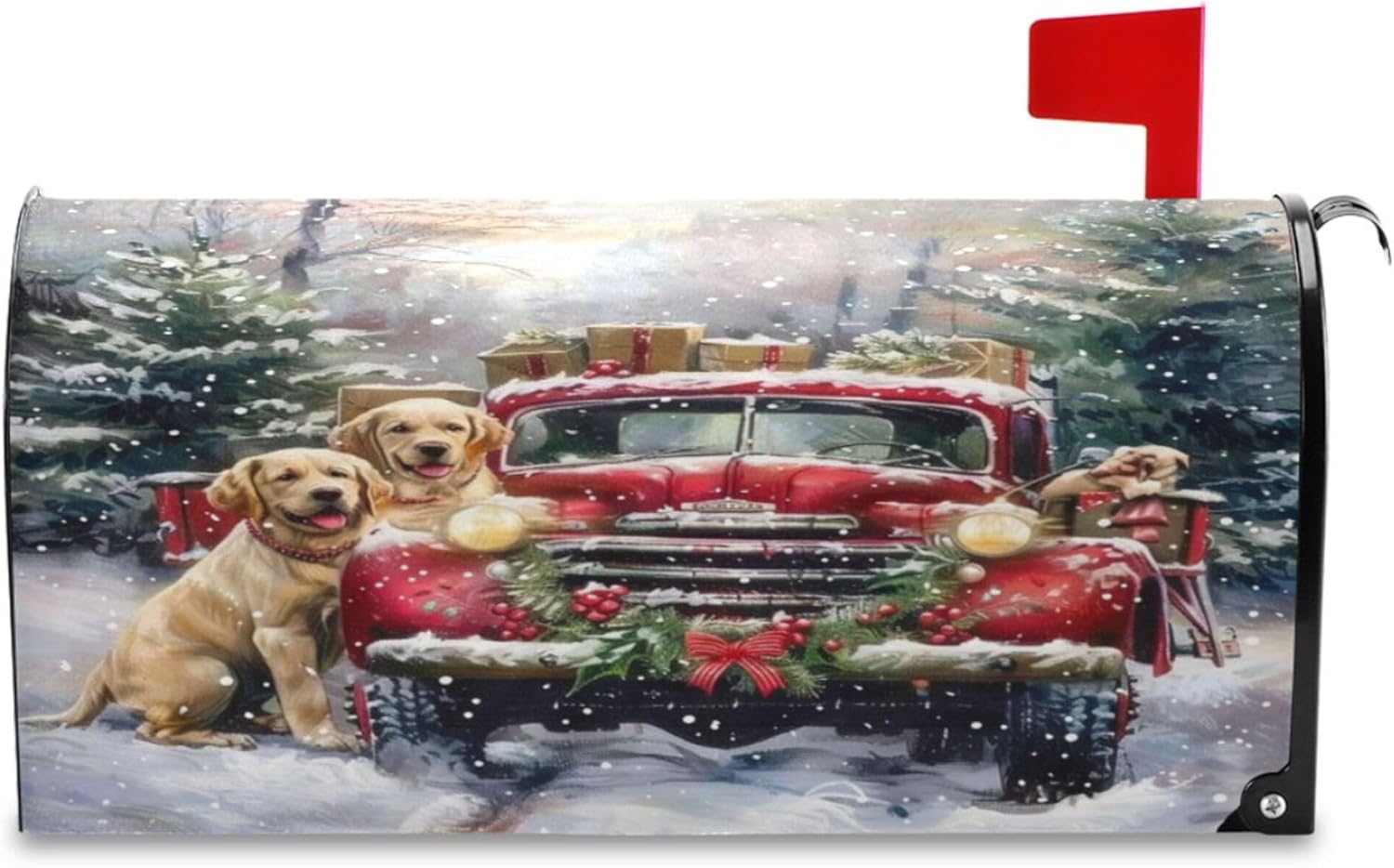 Wamika Christmas Red Truck Golden Retriever Dog Magnetic Mailbox Cover Large 21 X 25 in Winter Snowflake Xmas Tree Snowman Mail Box Covers Decals Wraps Post Box Outdoor Decorations