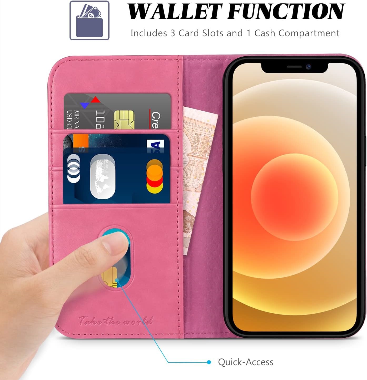 TUCCH Wallet Case for iPhone 12 Mini 5G, PU Leather Case Wallet, 3 Credit Card Holders 1 Money Slot Stand Folio Flip Cover [TPU Interior Protective Case] Compatible with iPhone 12 Mini, Hot Pink