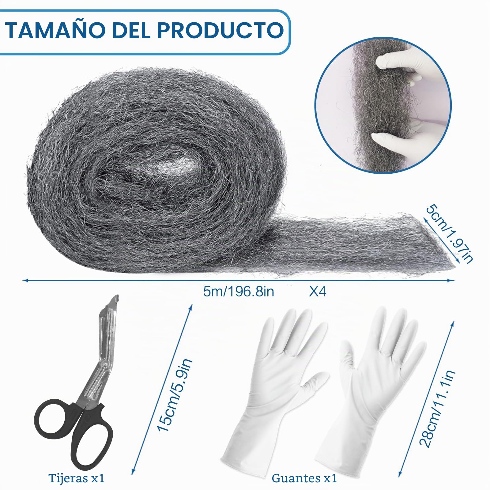 Lana de acero para ratones, 20 m, 4 rollos de lana de acero 0000, a prueba de ratas, contra ratones, ratas, con tijeras, guantes, agujeros, tapones, pared, contra en el jardín/casa/garaje