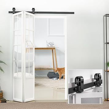 LWZH 52/4.3FT Bi-Folding Sliding Barn Door Hardware Kit,Folding Barn Door Set,Heavy Duty Top Mounted Black Roller for 2 Doors
