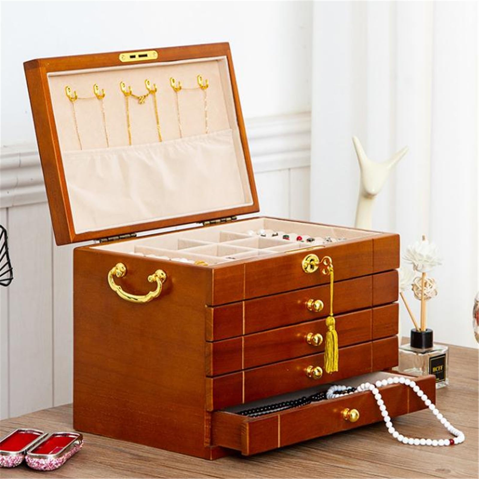 Joyero para Mujer Caja de almacenamiento joyería madera maciza vintage Collar Anillo Pendiente Organizador de Madera