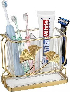 Toothbrush Holder for Bathrooms, 2-Compartment Toothbrush Organizer with Drainage and Breathability, Countertop Storage Box for Toothbrush Toothpaste Makeup Brushes Cutlery Gold Clear