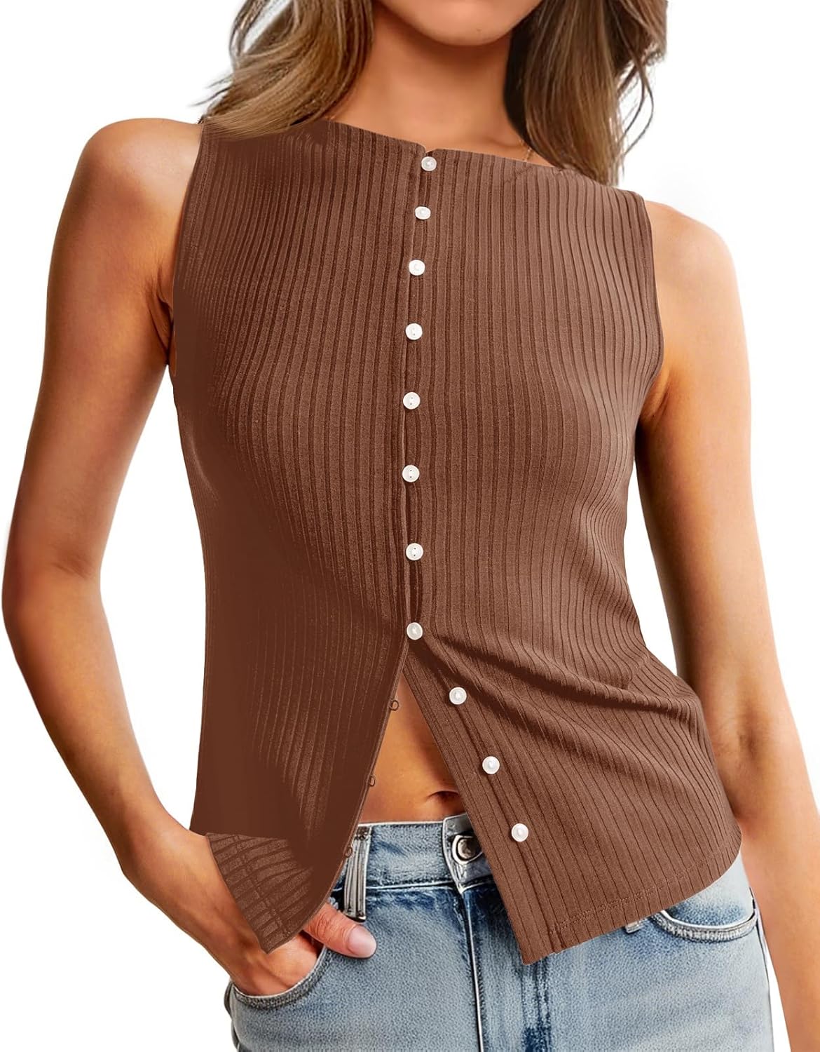 Tankaneo Womens Button Down Ribbed Tank Tops Cropped Cute Y2k Vest Tops Summer Going Out Outfits