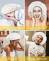 Vista 22 de Auban Gorro de ducha, gorro de ducha para mujer, forro de tela de rizo, EVA, exterior, reutilizable, doble capa, impermeable, gorra de baño grande