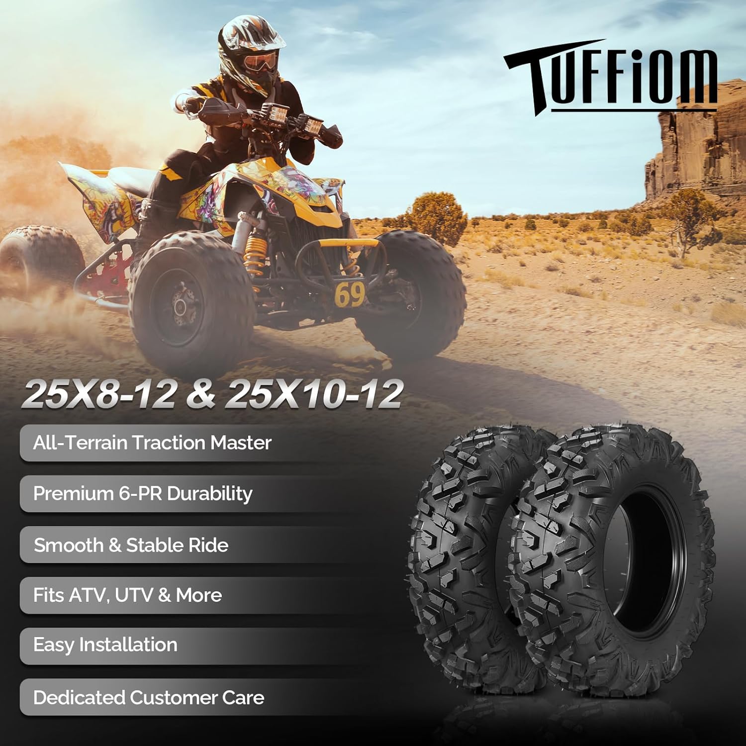 TUFFIOM Set of 4 ATV UTV All-terrain Tires 25x8-12 Front & 25x10-12 Rear, 6 PR, Tubeless