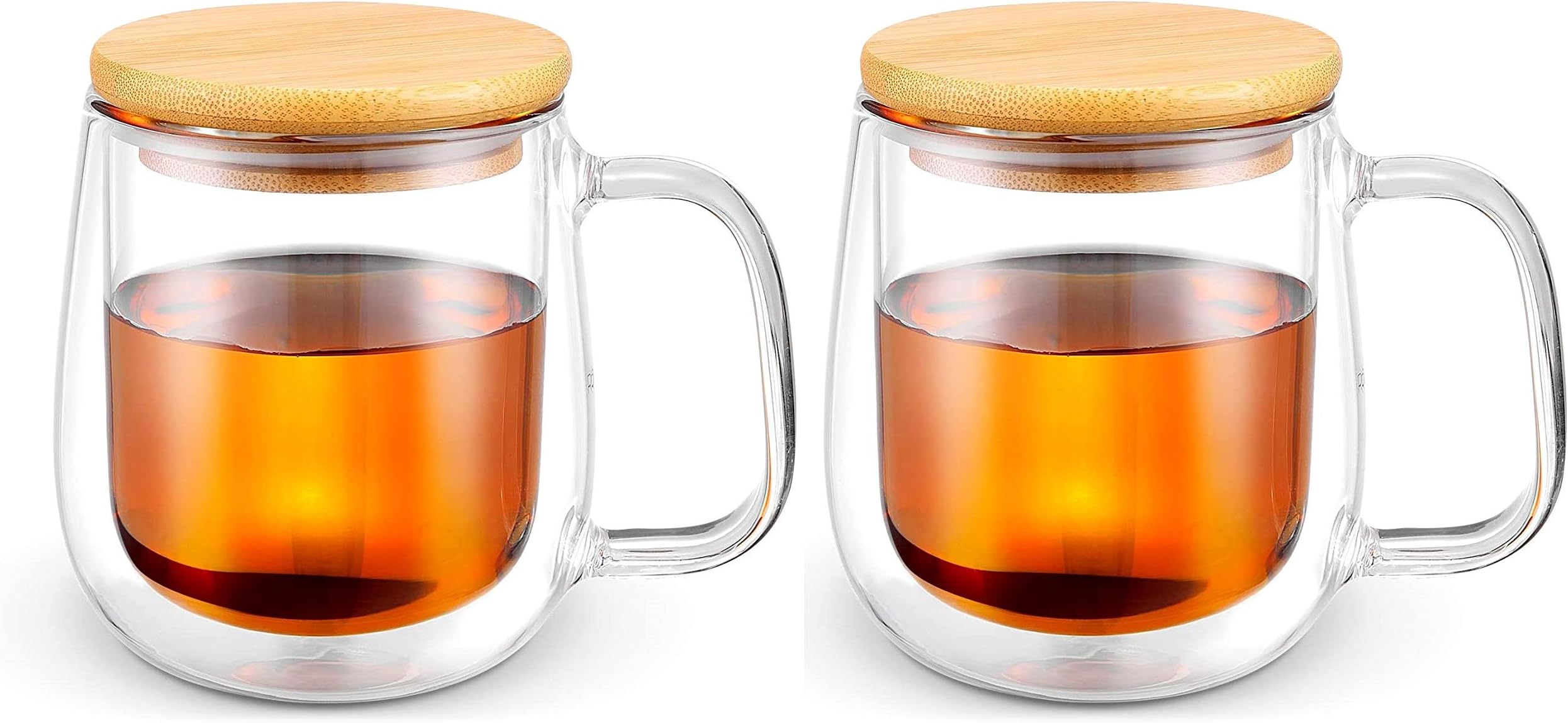 Baskety Glass Coffee Mugs - 250ml Double Walled Insulated Mug with Handle, Perfect for Latte, Americano, Cappuccinos, Tea Bag, Beverage with Bamboo lid. (Pack of 2)