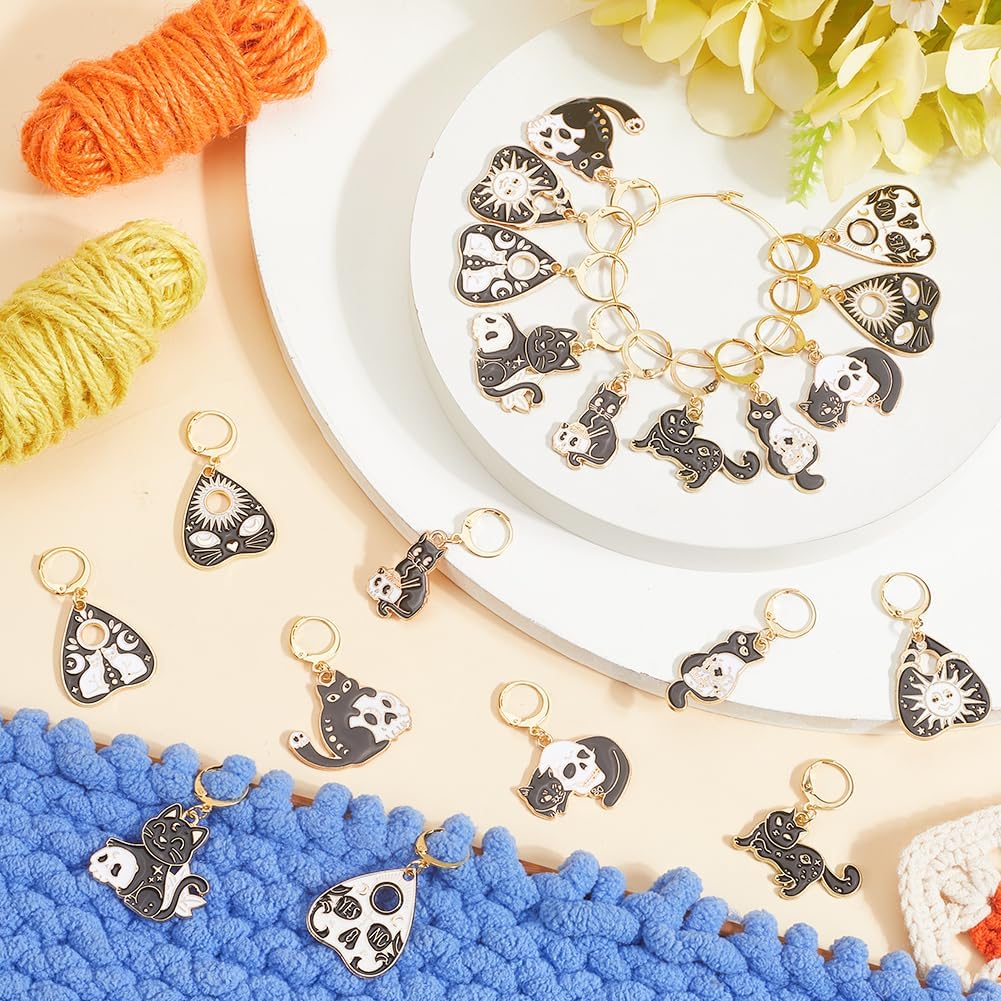SUNNYCLUE 1 Box 20Pcs 10 Styles Cat Knitting Marker Halloween Stitch Markers Metal Alloy Enamel Black Skull Heart Divination Card Leverback Crochet Charms for Weaving Quilting Jewelry DIY Crafting