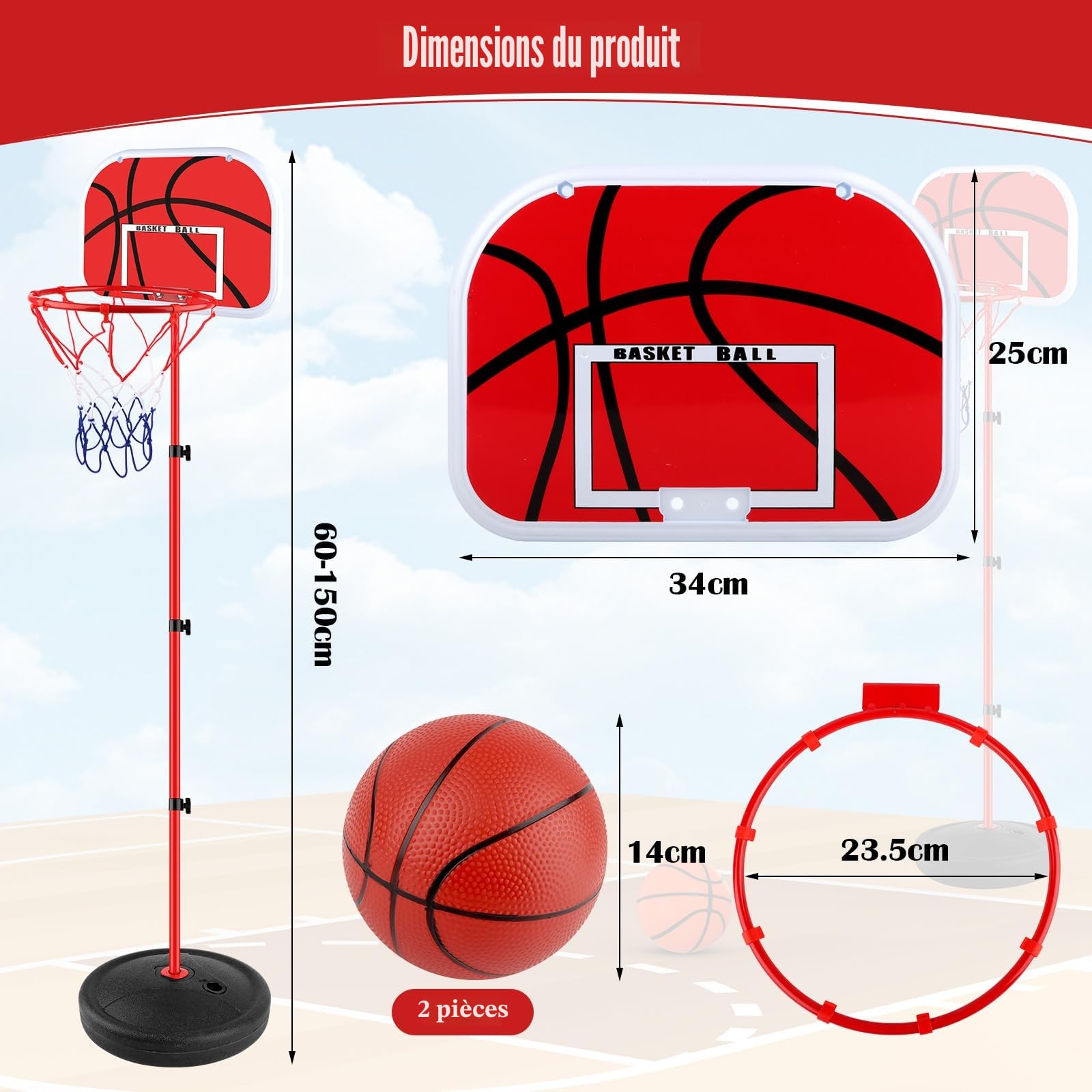 Panier de Basket Enfant, Panier de Basket Exterieur avec Support, Panier Basket Enfant Réglable en Hauteur 60-150cm, Kit Basketball Junior avec 2 Ballons Une Pompe