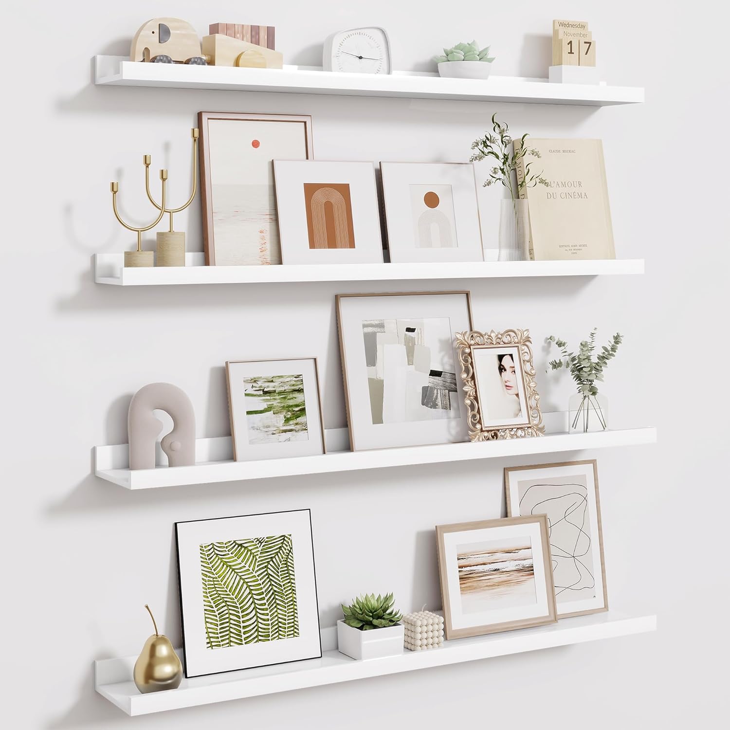 Fun Memories 36 Inch Floating Shelves for Wall - Wall Shelves with Lip Set of 4 - Nursery Bookshelf for Storage - Picture Ledge Shelf for Bedroom - Living Room - Kitchen - White Color