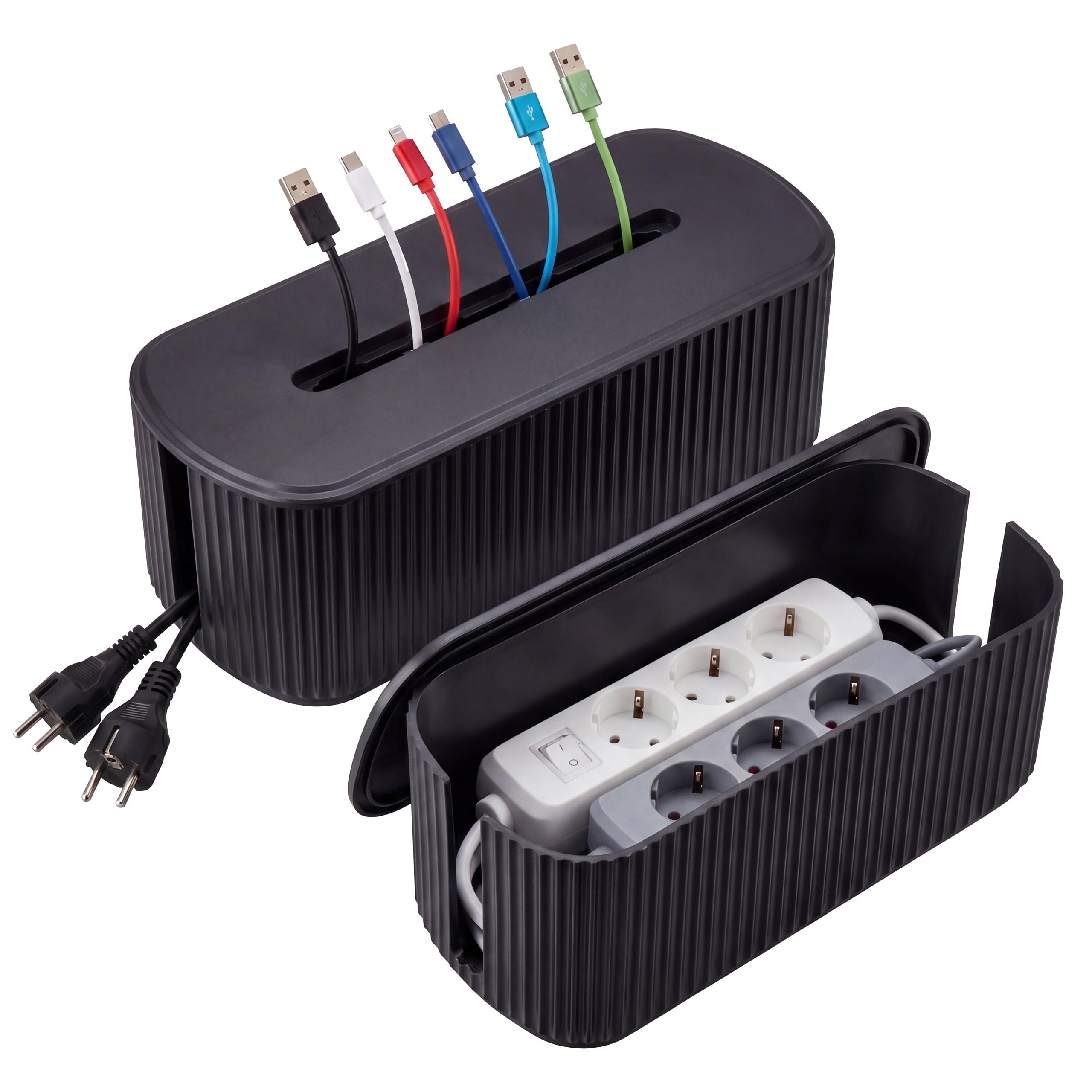 Mendler 2er-Set Kabelboxen HWC-Q73, Aufbewahrungsbox Kabelorganizer Kabelmanagement Box, Deckel Kunststoff - schwarz