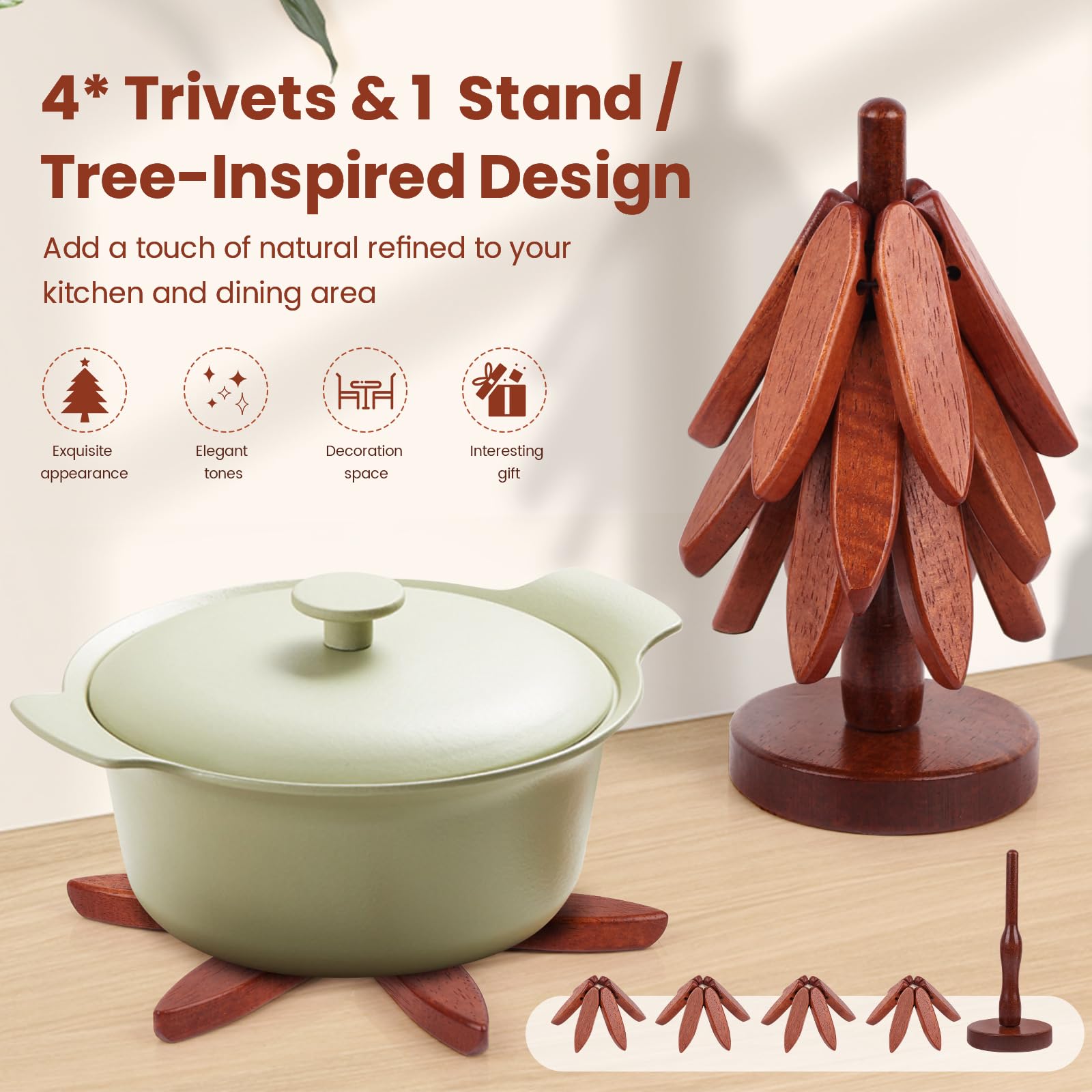 Wooden Trivets for Hot Dishes,Tree Shape Trivet Set, Foldable Kitchen Wooden Trivets,Tree Coaster for Hot Dishes,Pot,Bowl,Teapot,Hot Pot Holders,4 Wooden Trivets+1 Stand(Black Walnut)
