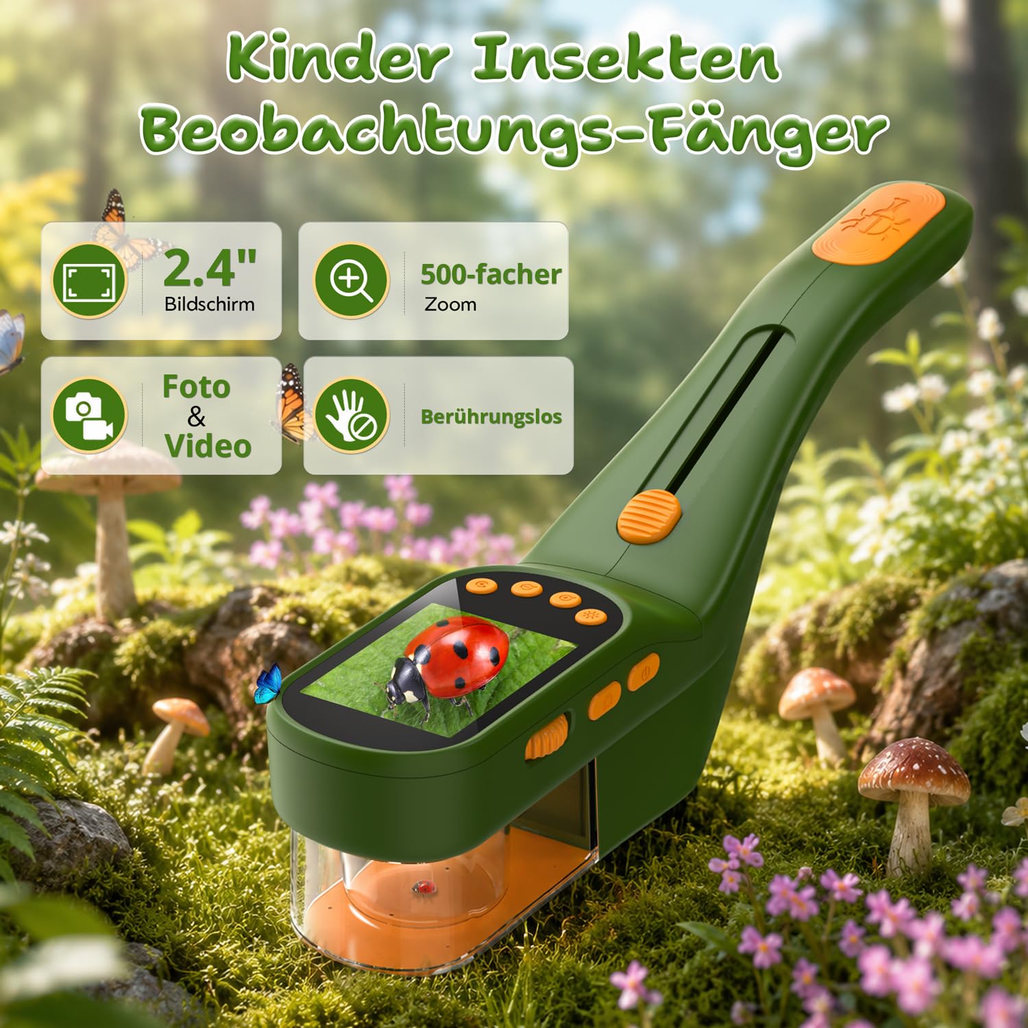 3-in-1 Insektenfänger Kinder, Mikroskop 500X IPS 2,4" 1080P STEM | 4 Helligkeitsstufen, 1000-mAh-Akku, Foto & Video, Outdoor-Forschungsspielzeug, Geschenk für Kinder ab 3 Jahren