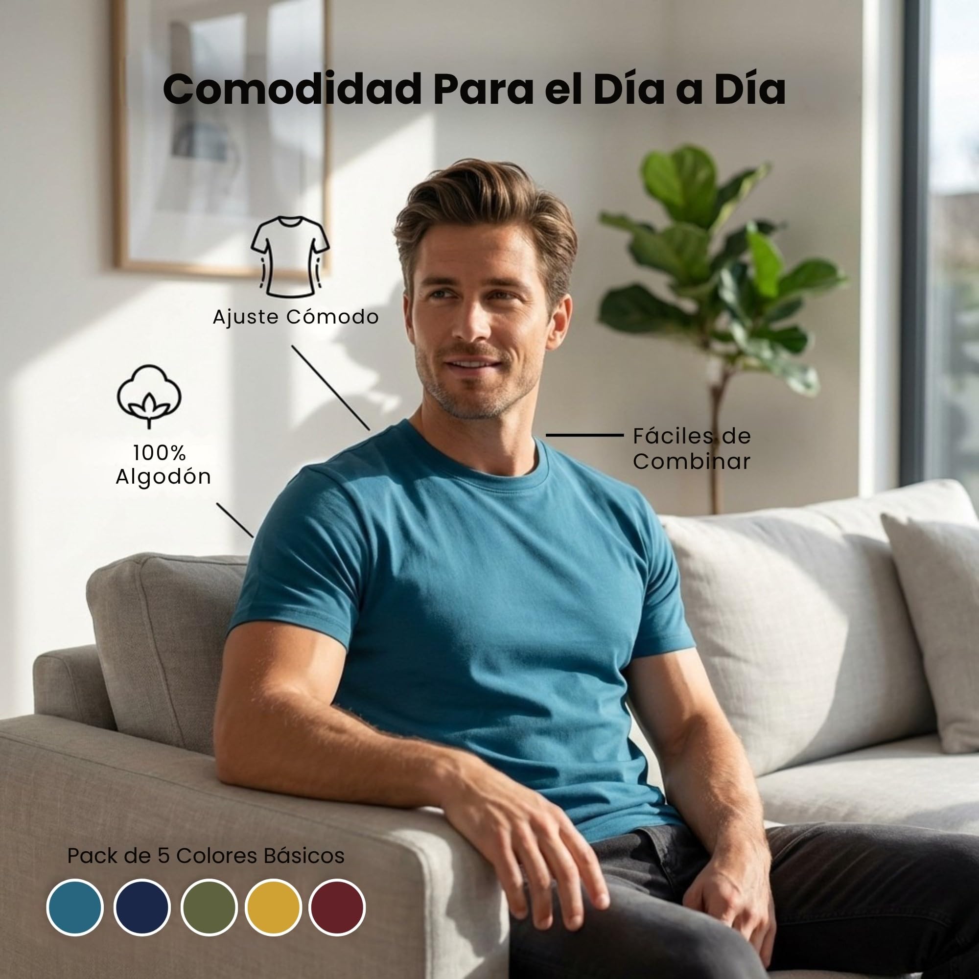 Xact Paquete de 5 camisetas lisas de algodón con cuello redondo para hombre