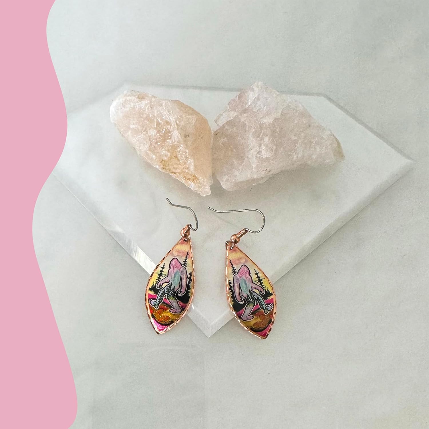 FRONT LINE JEWELRY Copper Pink Sasquatch Earrings - Watercolor Art Earrings, Bigfoot Earrings, Bigfoot Jewelry, Sasquatch Jewelry, Gifts for Bigfoot Enthusiasts, Bigfoot Gifts