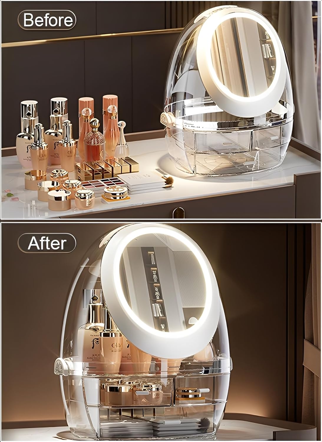 Sooyee Clear Makeup Organizer,Bathroom Counter Organizer, Modern Jewelry and Cosmetic Display Cases with Led Lighted Mirror,Make Up Organizer Stands for Bathroom, Dresser, Vanity Countertop