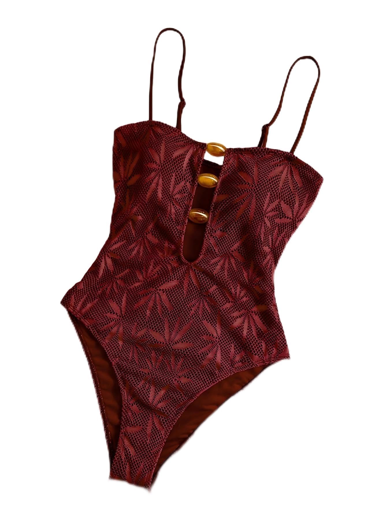 Photo 1 of QJQ Women's One Piece Sexy Boho Bikini Set Spaghetti Strap Triangle Bathing Suits Swimsuit 2026 Beach Dark Red Small