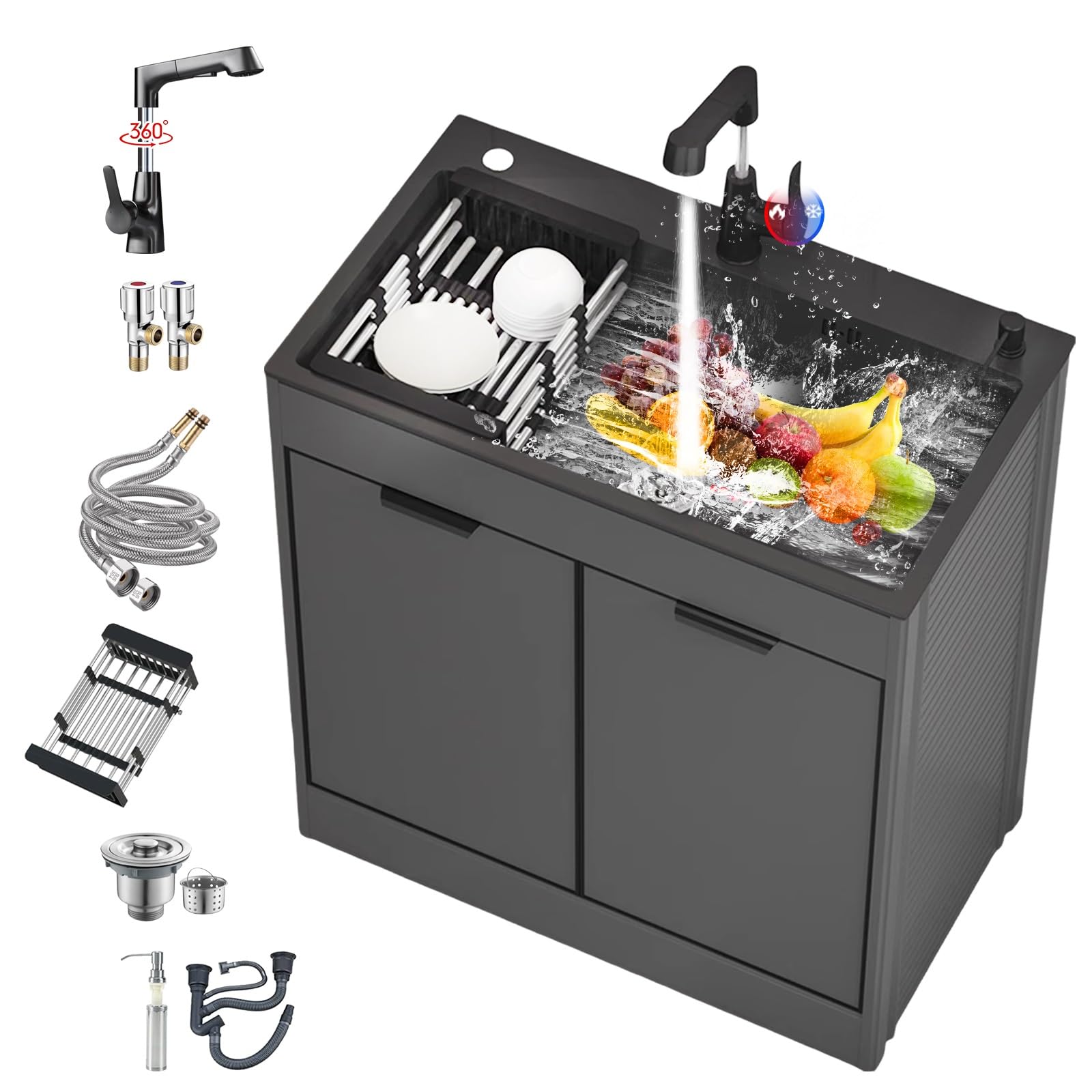 LMYSXAOZ Commercial Grade Stainless Steel Garden Sink with Hot & Cold Faucet, Storage Cabinets, Soap Dispenser - Easy Clean Outdoor/Indoor Kitchen Sink, Durable Black Finish