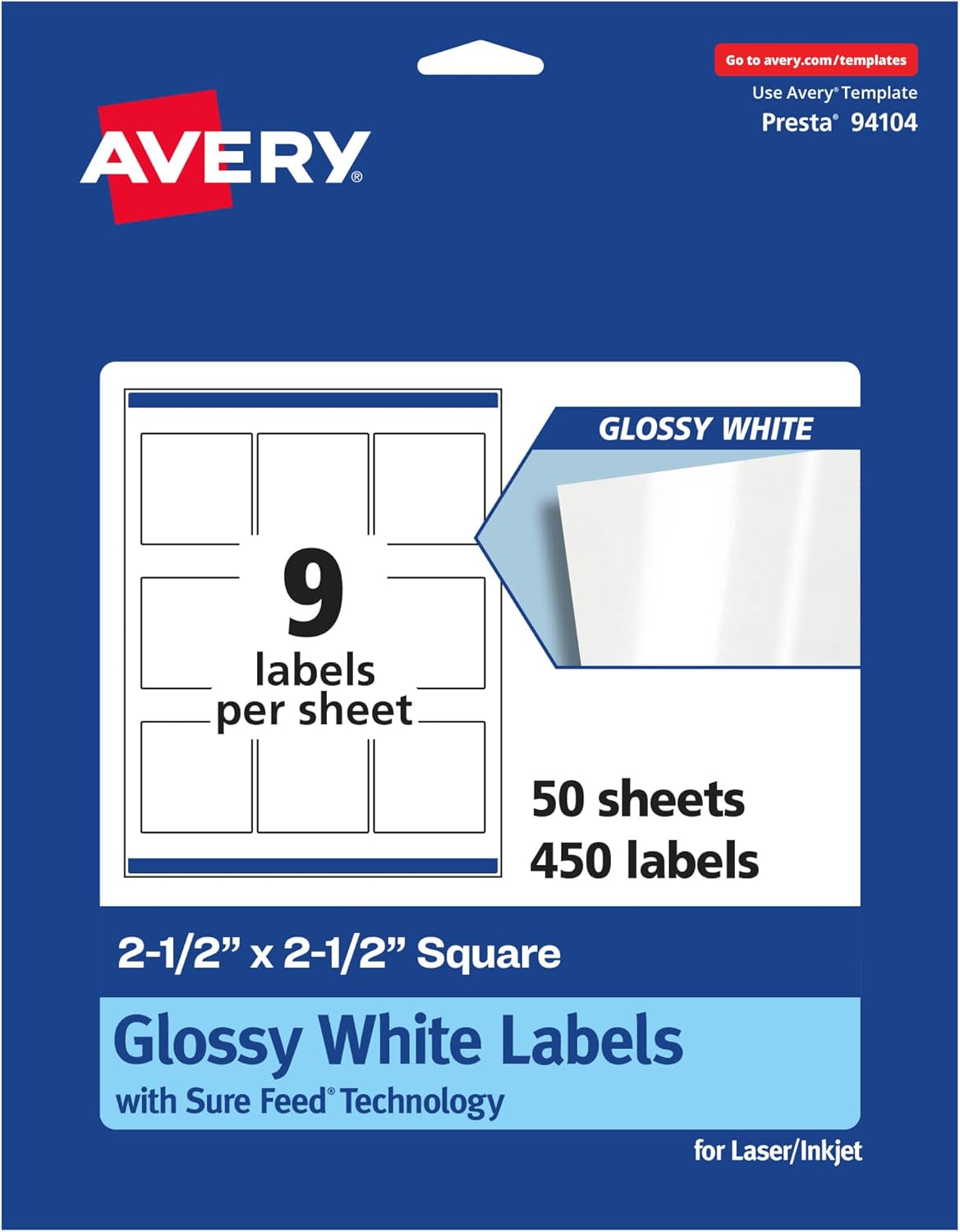 Avery Glossy White Square Labels, Sure Feed Technology, 2.5" x 2.5", 450 Glossy White Labels, Permanent Adhesive, Laser/Inkjet Printable
