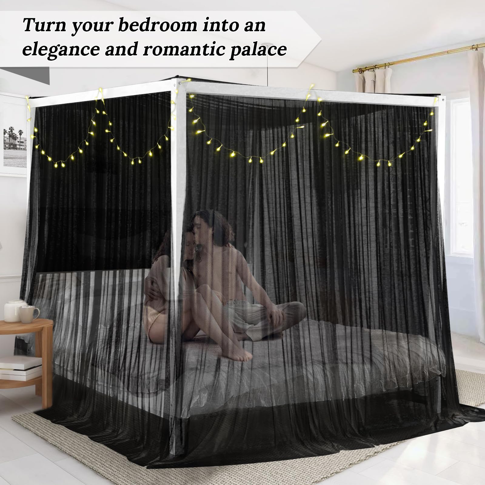 South To East Cortinas de cama con dosel negras de 4 esquinas para adultos, mosquitera para cama, cortinas de cama lujosas para decoración de habitación, poliéster irrompible, fáciles de instalar