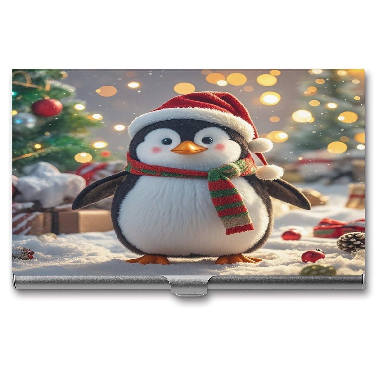 FekiLoot Christmas Funny Penguin Business Card Holder for Men Women Metal Slim Organizer Business Card Carrier Wallet Name Cards Holder Retro Slim Pocket Purse Small Portable Card Case