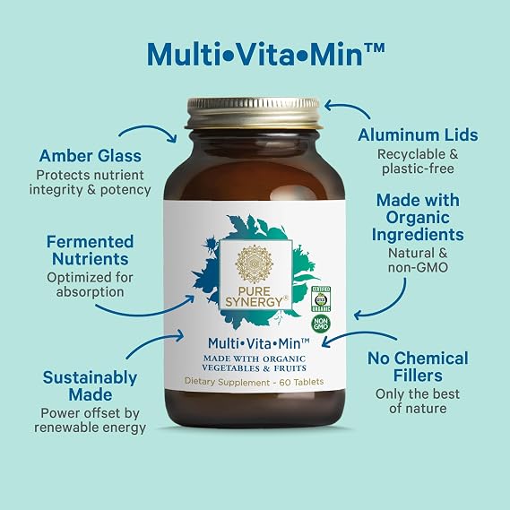 PURE SYNERGY MultiVitaMin | Vegan Multivitamin Made with Organic Whole Foods | Twice Daily Supplement for Men and Women | Core Nutrients for Energy, Mood, Immune, and Bone Health (60 Tablets)