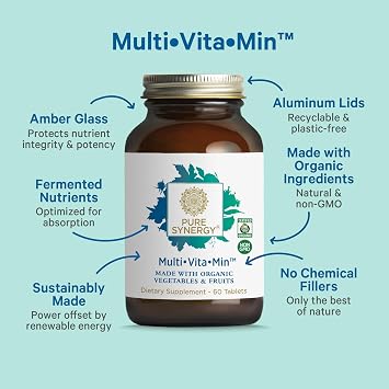 PURE SYNERGY MultiVitaMin | Vegan Multivitamin Made with Organic Whole Foods | Twice Daily Supplement for Men and Women | Core Nutrients for Energy, Mood, Immune, and Bone Health (60 Tablets)