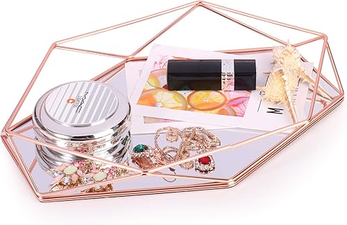 Bandeja decorativa para espejo, organizador de maquillaje cosmético, bandeja decorativa hexagonal para escritorio, para joyas y perfumes (oro rosa)