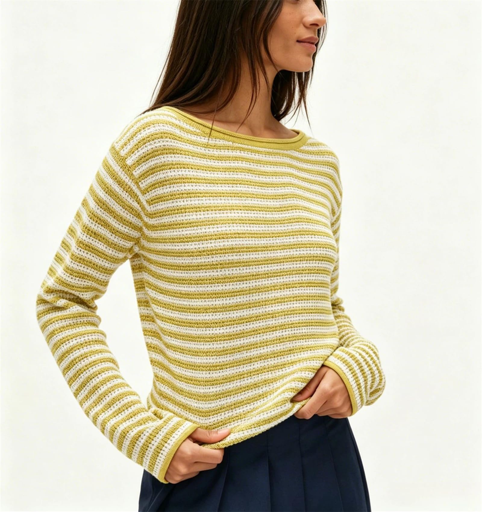 Maglione da donna a righe leggero con scollo a barca a maniche lunghe Top
