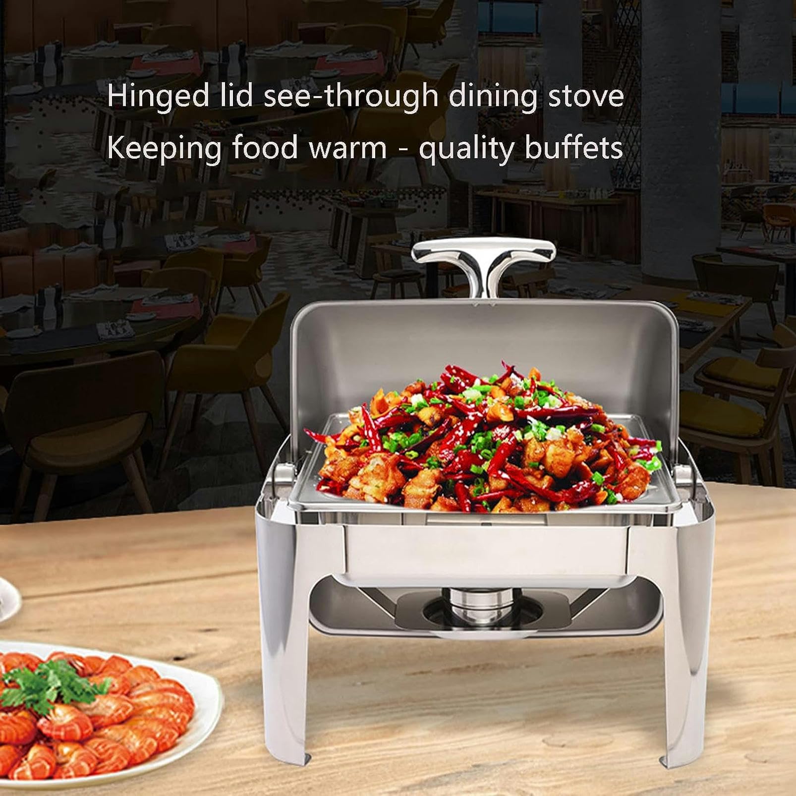 Scaldavivande da Pranzo - Set da Buffet in Acciaio Inox con pentola Calda e Coperchio in Vetro e Supporto per Coperchio Integrato, Piatto Caldo Rotondo per Feste, c,Stainless Steel Color-9L
