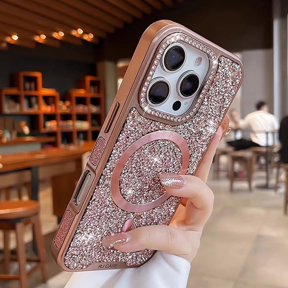 Coque magnétique antichoc avec strass de luxe pour charge induction iPhone 15